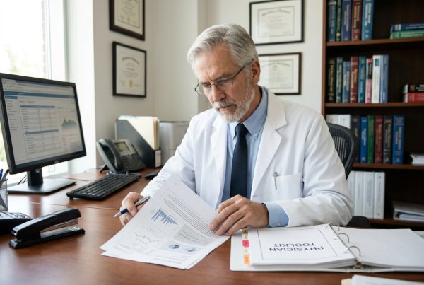 Doctor reviewing physician toolkit report at his desk