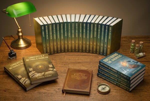 David Faust's complete 20-book series displayed on a wooden desk
