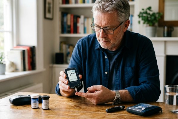 Man checking blood glucose monitor at home