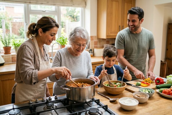 Family cooking a healthy meal together in the kitchen