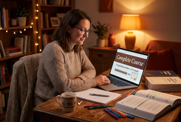 Woman studying the complete course on laptop in warm home setting