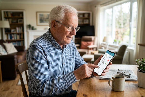 Older man using health tracking app on smartphone at home