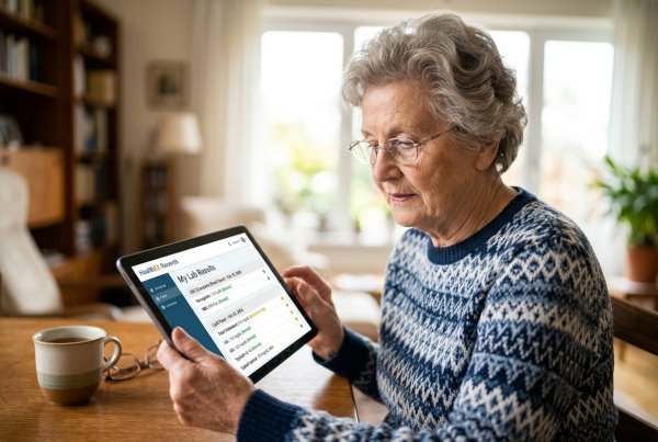 Older woman reviewing her health records on a tablet at home